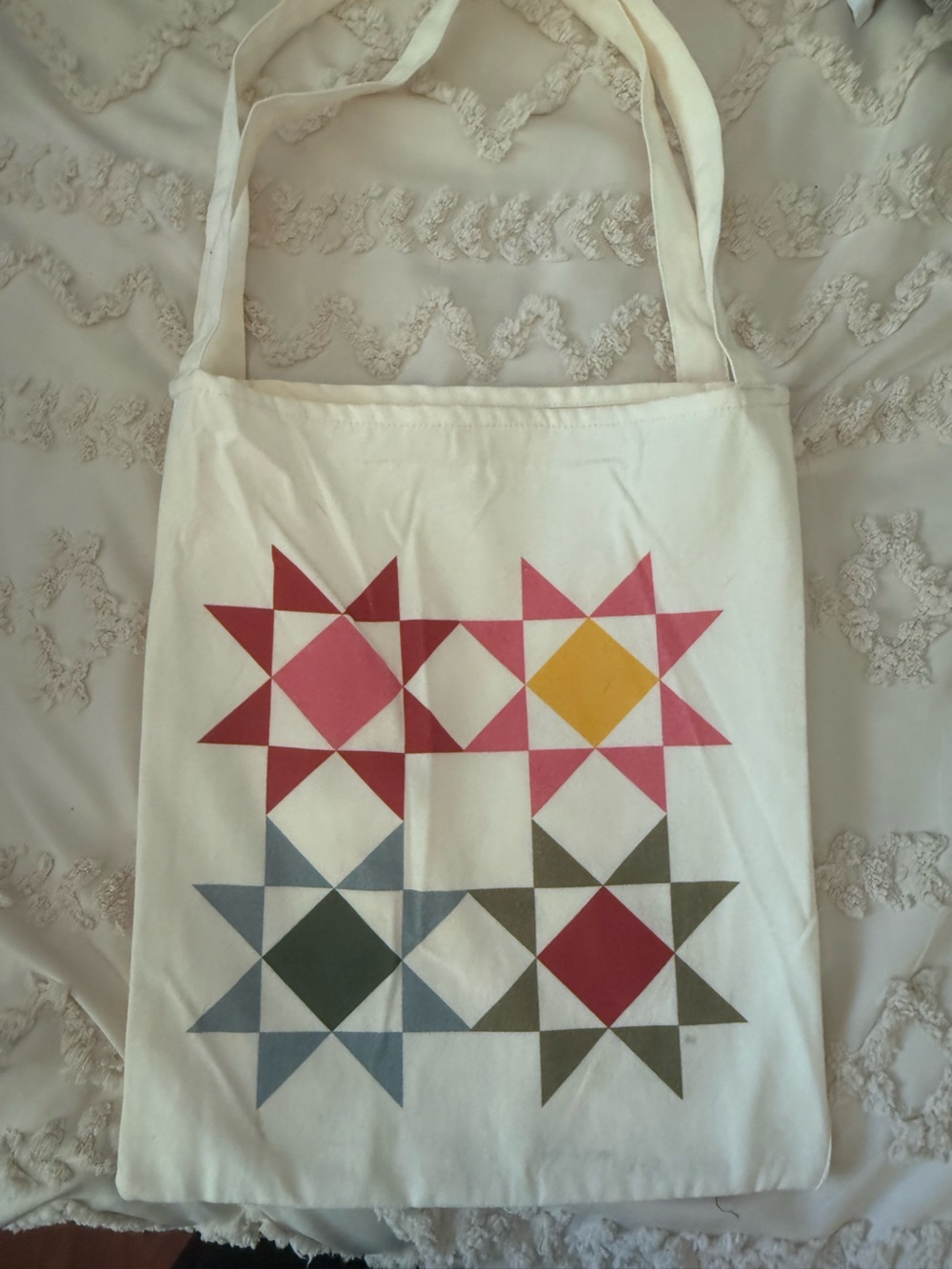 Printed Star Quilt canvas tote - Cream with Pink and Yellow Accents